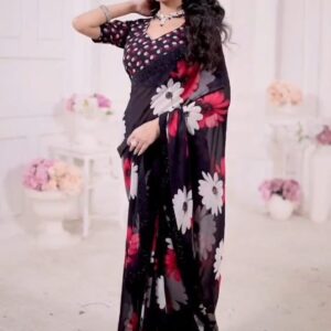 Black Synthetic printed georgette laced saree with border and printed blouse